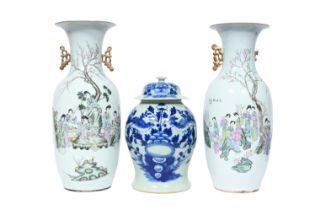 Two Chinese qianjiang cai vases with ladies in a garden and a blue and white celadon ground vase and