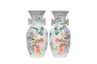 A pair of Chinese famille rose double design vases with Immortals and their servants, 19th/20th C.