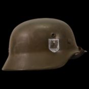 WWII Nazi German M40 Waffen - SS Combat Helmet with SS emblem on the side, liner and chin strap