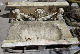 Composite rectangular stone garden water fountain with sink, the back moulded with mask of