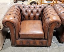 Office reception chesterfield style brown buttoned leather armchair with brass studding, on wooden