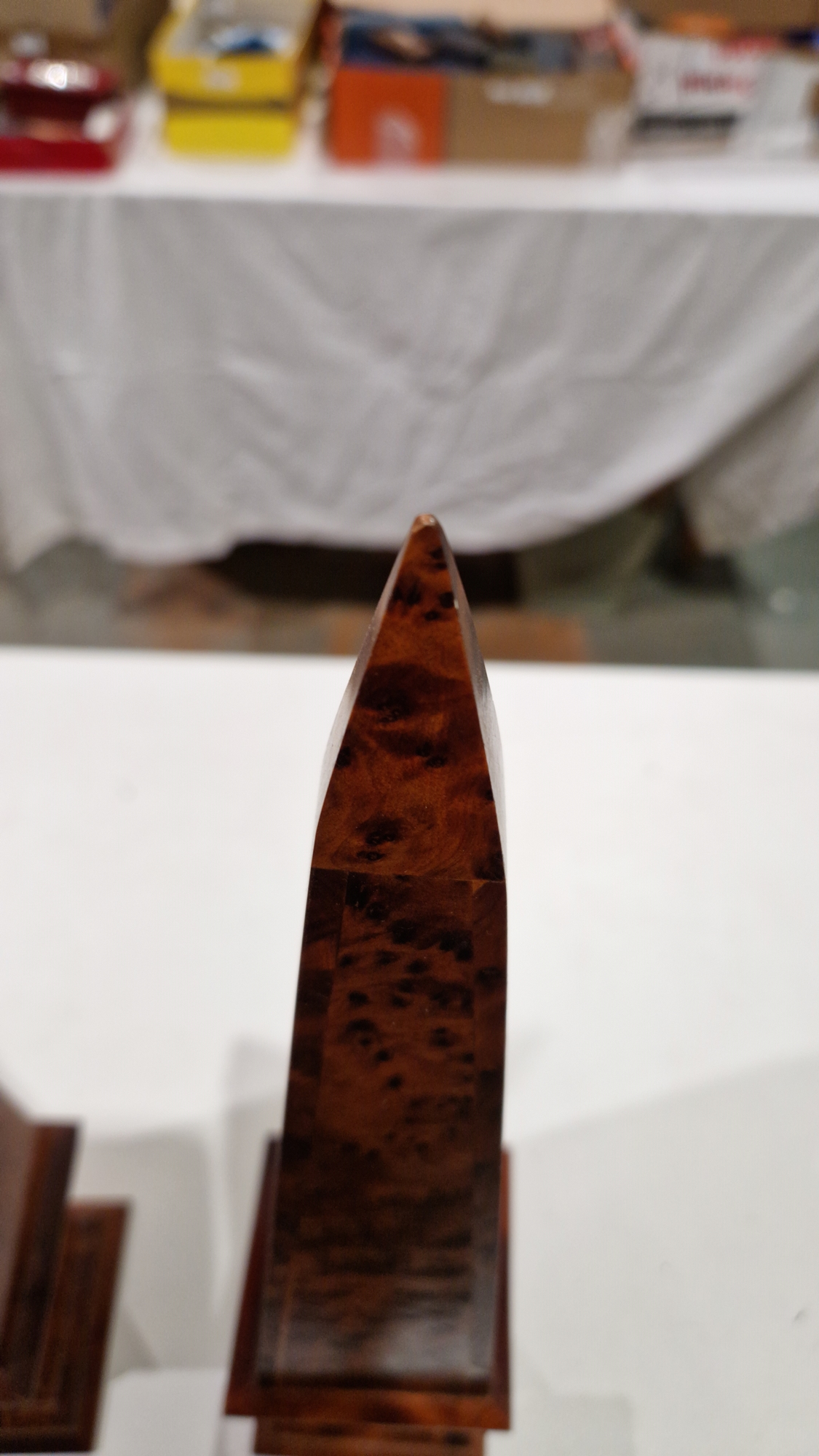 Collection of simulated tortoiseshell and burrwood desk obelisks, two tribal-style rattan covered - Image 2 of 8