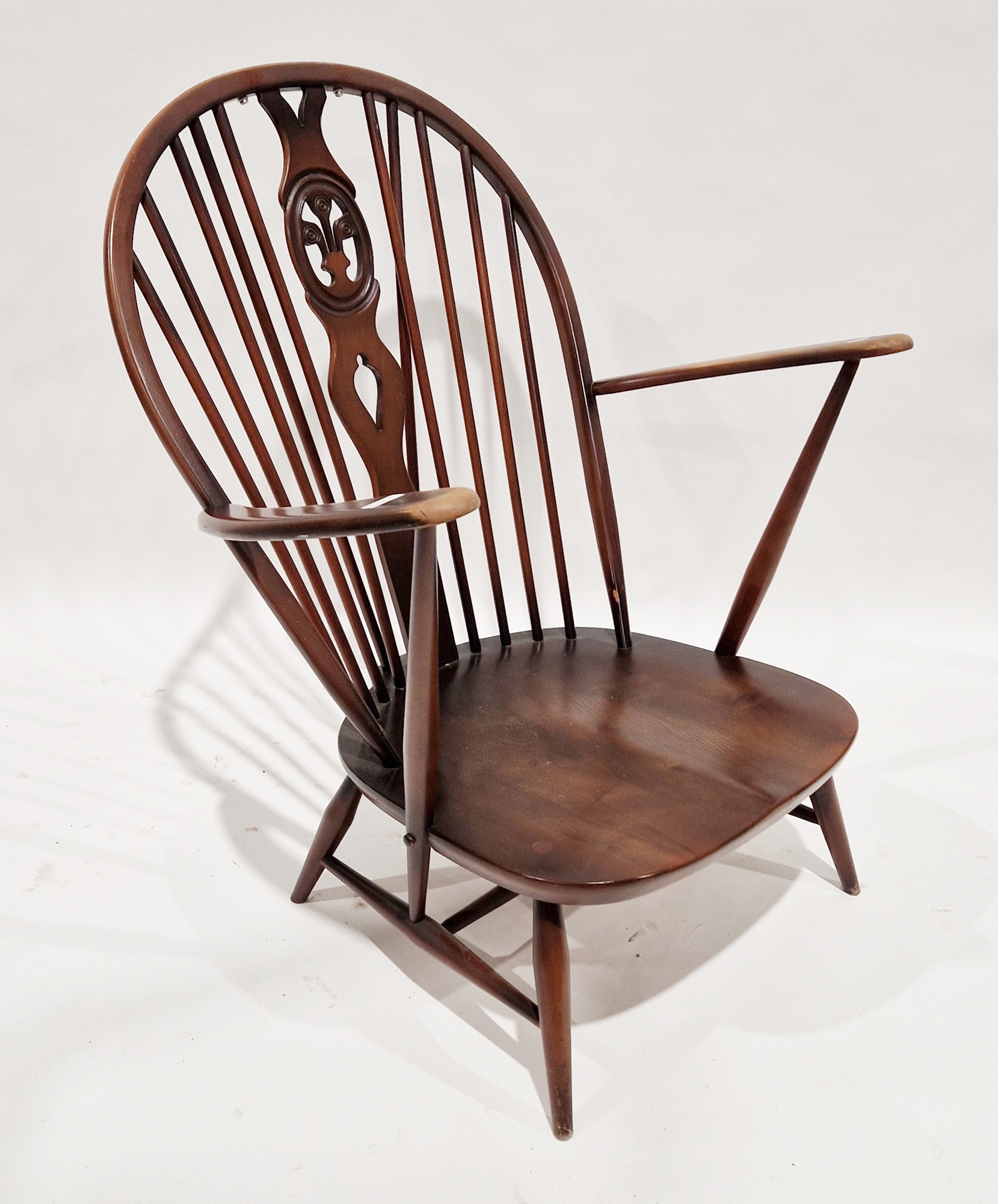 Ercol elm and beech wood open armchair in the fleur de lys pattern, with seat and back pads, Ercol - Image 2 of 2