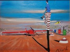 Jake T. McCord (1948-2009) Acrylic on plywood Two figures standing on a runway before a plane,