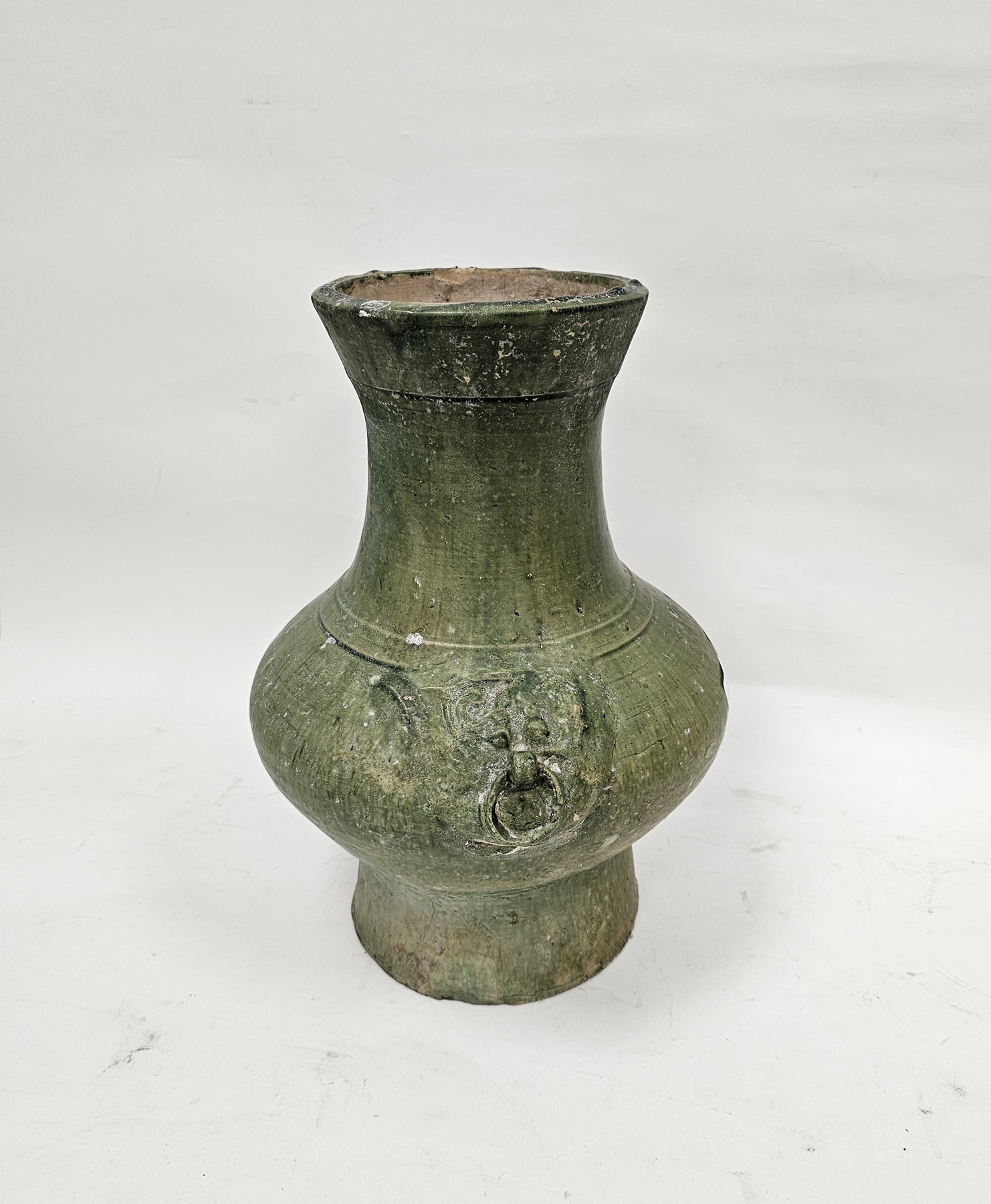 Chinese green glazed pottery vessel (Hu), in the Han Dynasty Archaic style, moulded with ringed - Image 2 of 16