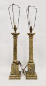 Pair of 20th century green variegated marble Corinthian column lamp bases, each with fluted column
