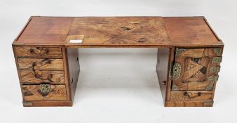 Japanese Meiji period wooden table top cabinet converting to a scholars desk, marquetry inlaid in