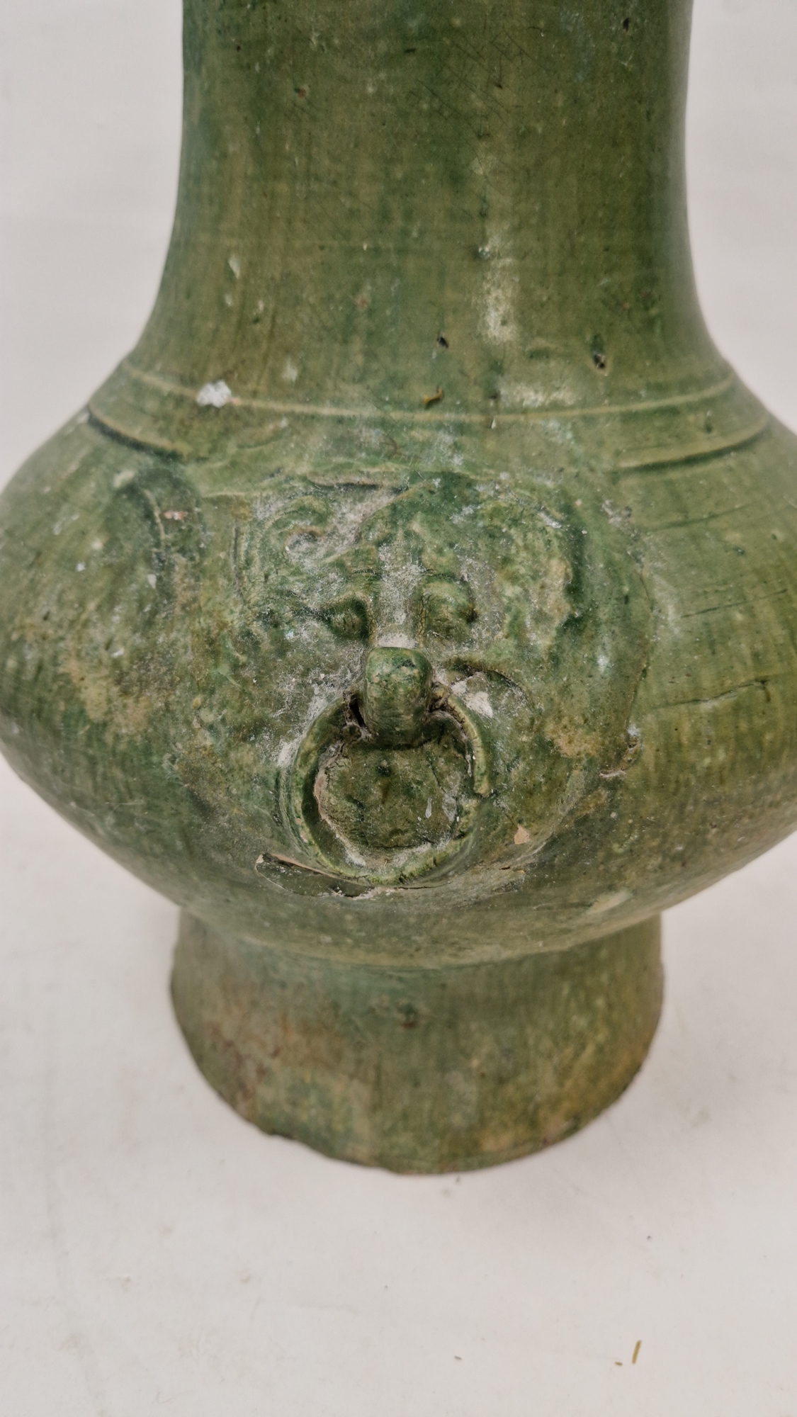 Chinese green glazed pottery vessel (Hu), in the Han Dynasty Archaic style, moulded with ringed - Image 15 of 16