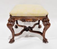 19th century walnut scrolling carved square stool in the early 18th century Queen Anne manner, the