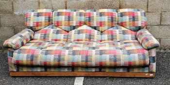 Retro G-Plan lounge suite comprising two three-seater sofas and an armchair, upholstered in multi-