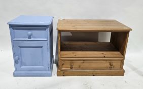 Blue painted pine pot cupboard with single drawer over single cupboard door, 60cm high x 41cm wide x