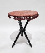 Victorian gypsy table, the circular fabric covered top with tassels (a/f) on an ebonised turned