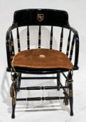Late 19th / early 20th century tub chair with spindle back and solid seat, on turned legs with