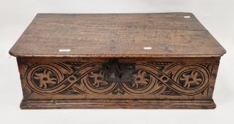 18th century carved oak bible box, with hinged cover, carved to the sides with interlocking