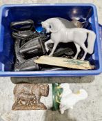 Collection of metalware including flat irons, trivets, doorstops, hinges, Mappin & Webb silver