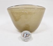 Studio glass vase by Henry Dean, of compressed tapering form in mottled pale brown colourway, etched