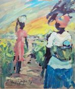 Hayi Njagu Paint on paper Two figures walking towards a village, signed and dated '99 lower left,