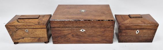 Two Regency rosewood tea caddies of sarcophagus form, each with hinged lids opening to two lidded