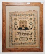 Victorian needlework sampler by Martha Gowman, age 13, dated 1845, finely embroidered with a house
