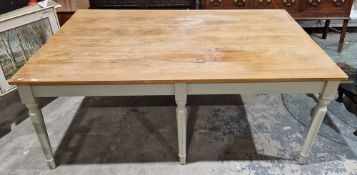 Large 19th century and later farmhouse style kitchen table, the pine plank top on a painted base