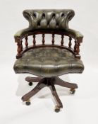 Norwegian ' Ring Mekanikk ' mahogany and green buttoned leather swivel office chair in the 19th