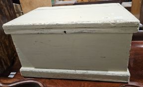 19th century painted pine blanket or tool box, with hinged lid and iron carrying handles, 36cm