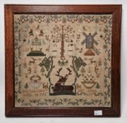 Needlework sampler by Martha Good, aged 14 years, dated 1827, finely embroidered with trees, Adam