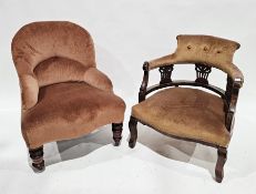 Victorian slipper chair, upholstered in salmon coloured fabric, on turned mahogany ringed legs and