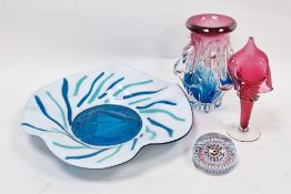 Group of coloured glassware including a low dome concentric close-packed millefiori paperweight,