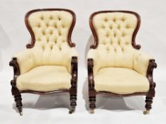 Pair of Victorian salon armchairs with yellow button back upholstery, the mahogany frames with