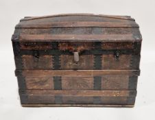 19th century wooden domed top travelling trunk or chest, iron bound with leather mounts, the