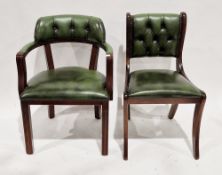 Green leather and mahogany effect office tub chair in the Victorian manner, brass studded with
