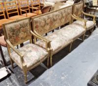 Gilt finish salon suite in the  French Louis XV manner comprising a settee and a pair of elbow