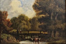 19th century English School Oil on board Figures on a bridge and cattle in river landscape, within