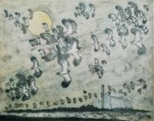 20th century school Etching and aquatint Landscape with flying female figures morphing into birds,