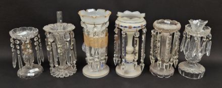 Two Victorian frosted opaque and gilt glass lustres, suspending pendant drops, four clear glass