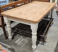 20th century pine farmhouse kitchen dining table of rectangular form, on a white painted base,