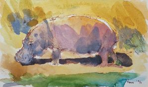 Daryl Christopher Nero (1949) Watercolour and ink on paper Hippopotamus, signed and dated '96