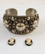 Thai white metal bangle with wirework decoration, marked Siam Sterling, and two cameos of ladies (3)