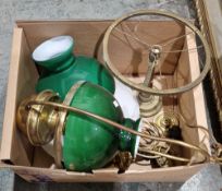 Victorian style brass hanging oil lamp with green glass shade converted to electric, 60cm high,