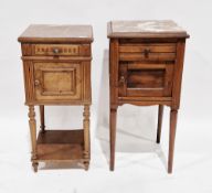 Two 19th century French bedside cupboards, one walnut and the other ash, each with marble top over a