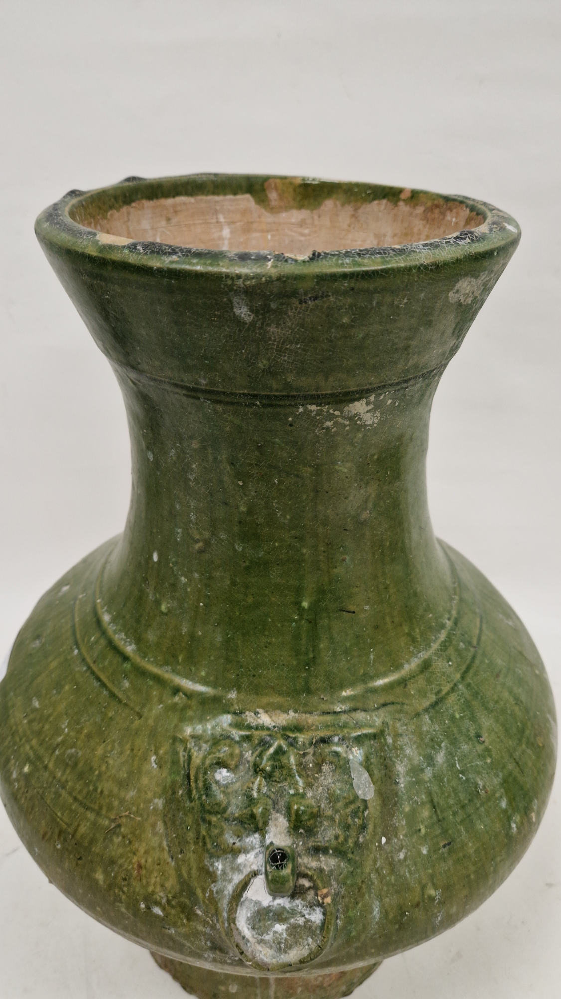 Chinese green glazed pottery vessel (Hu), in the Han Dynasty Archaic style, moulded with ringed - Image 8 of 16