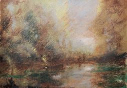 21st century school Two pastels on paper and an etching  Two misty landscapes, 19.5cm x 26.5cm,