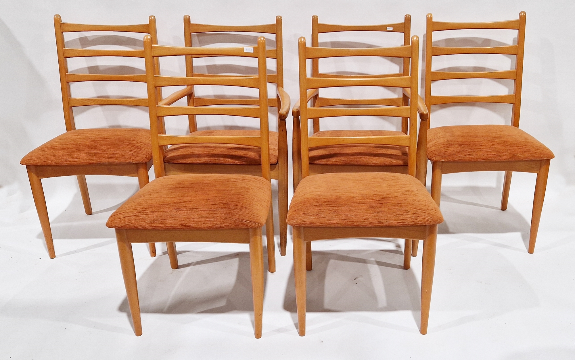 Set of six mid-century 1970's Schreiber ladderback dining chairs with orange upholstered seats,