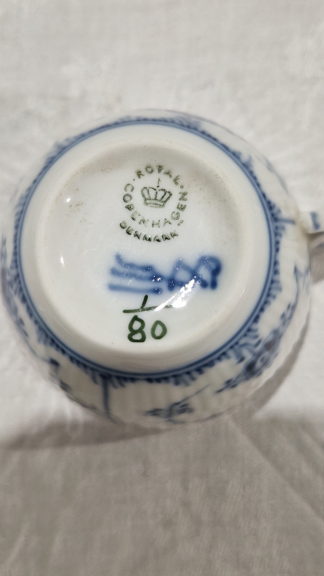 Royal Copenhagen blue and white lace-pattern teacup and saucer, printed blue and green marks, - Image 2 of 3