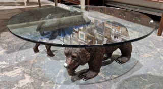 Constance (or Connie ) Foss (contemporary), glass circular coffee table supported by bronze