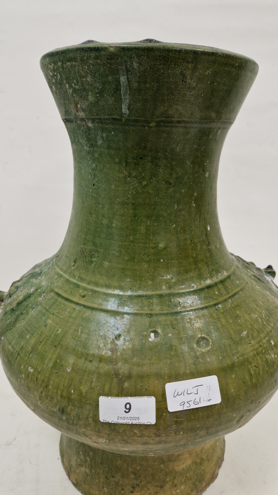Chinese green glazed pottery vessel (Hu), in the Han Dynasty Archaic style, moulded with ringed - Image 6 of 16