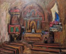 Pierre Thevenin (1905-1950) Oil on paper Church interior, signed lower right, 36.5cm x 45cm