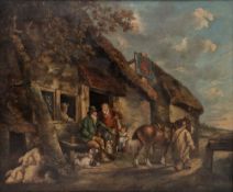 19th century School Oil on board Rural scene with figures and animals outside a tavern, 61cm x 74cm