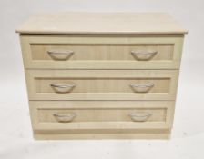 Modern pale oak effect chest of three long drawers with metal handles, 75cm high x 92cm wide x